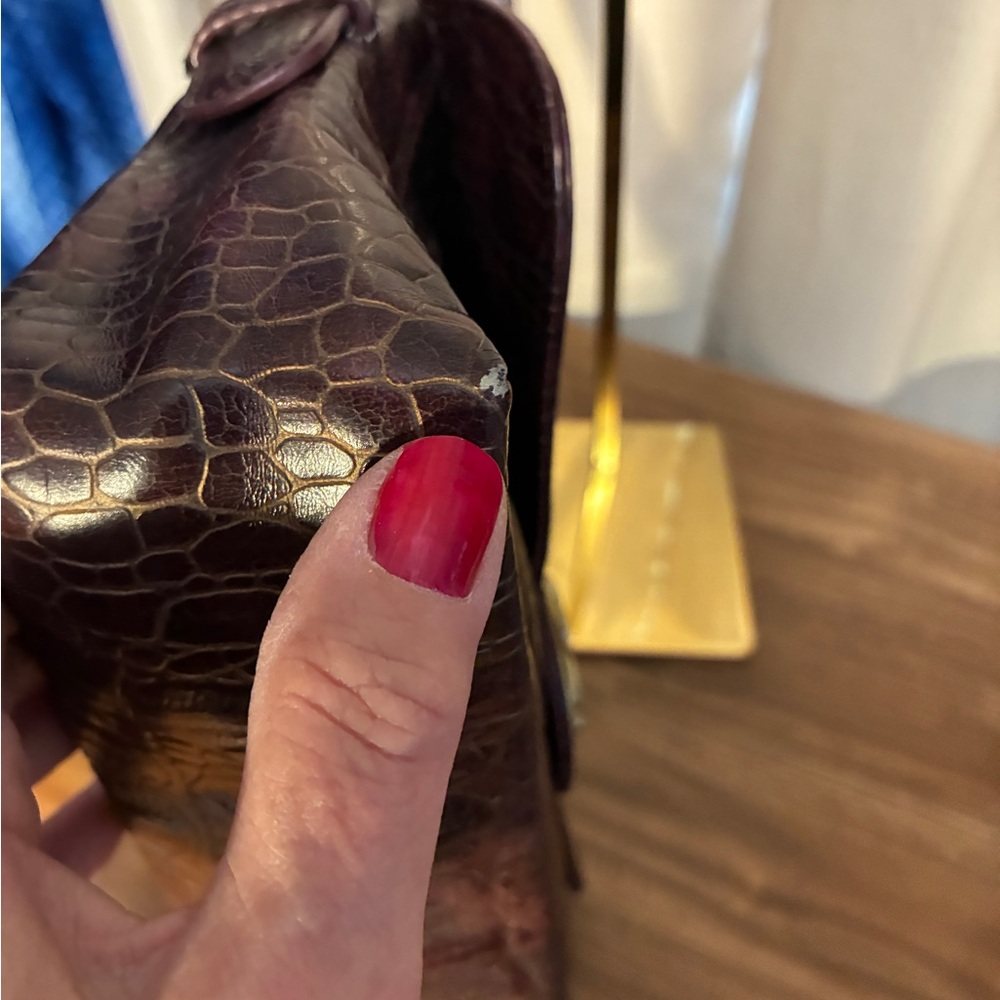 Kate Landry Leather Croc-Embossed Shoulder Bag  Burgundy Brass Teal interior - Picture 14 of 17